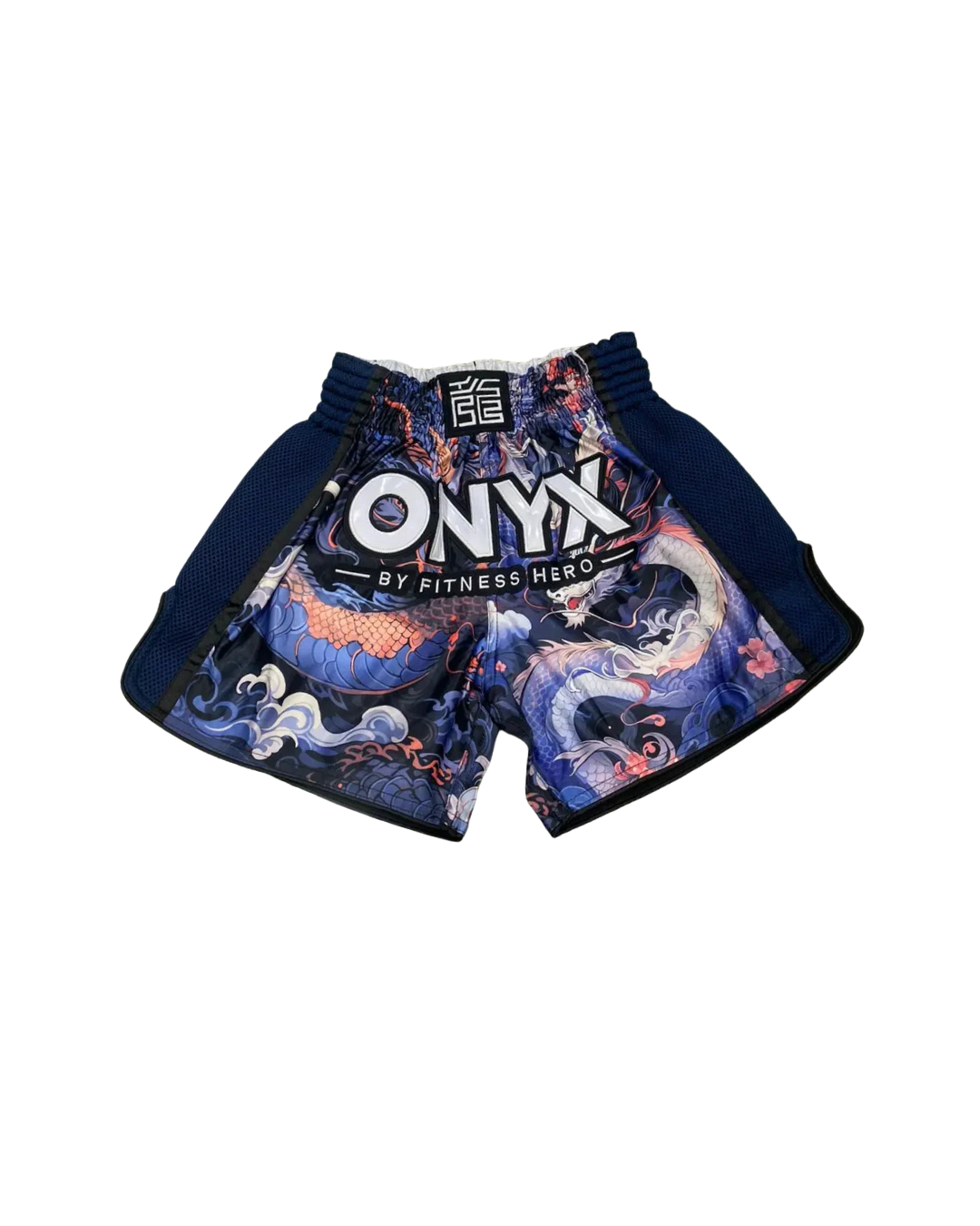 onyx muay thai shorts embroidered waistband mesh sides designed in australia front and back