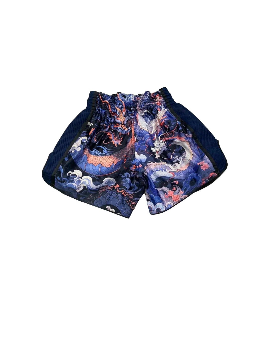 onyx imperial dragon muay thai shorts premium satin design back view
