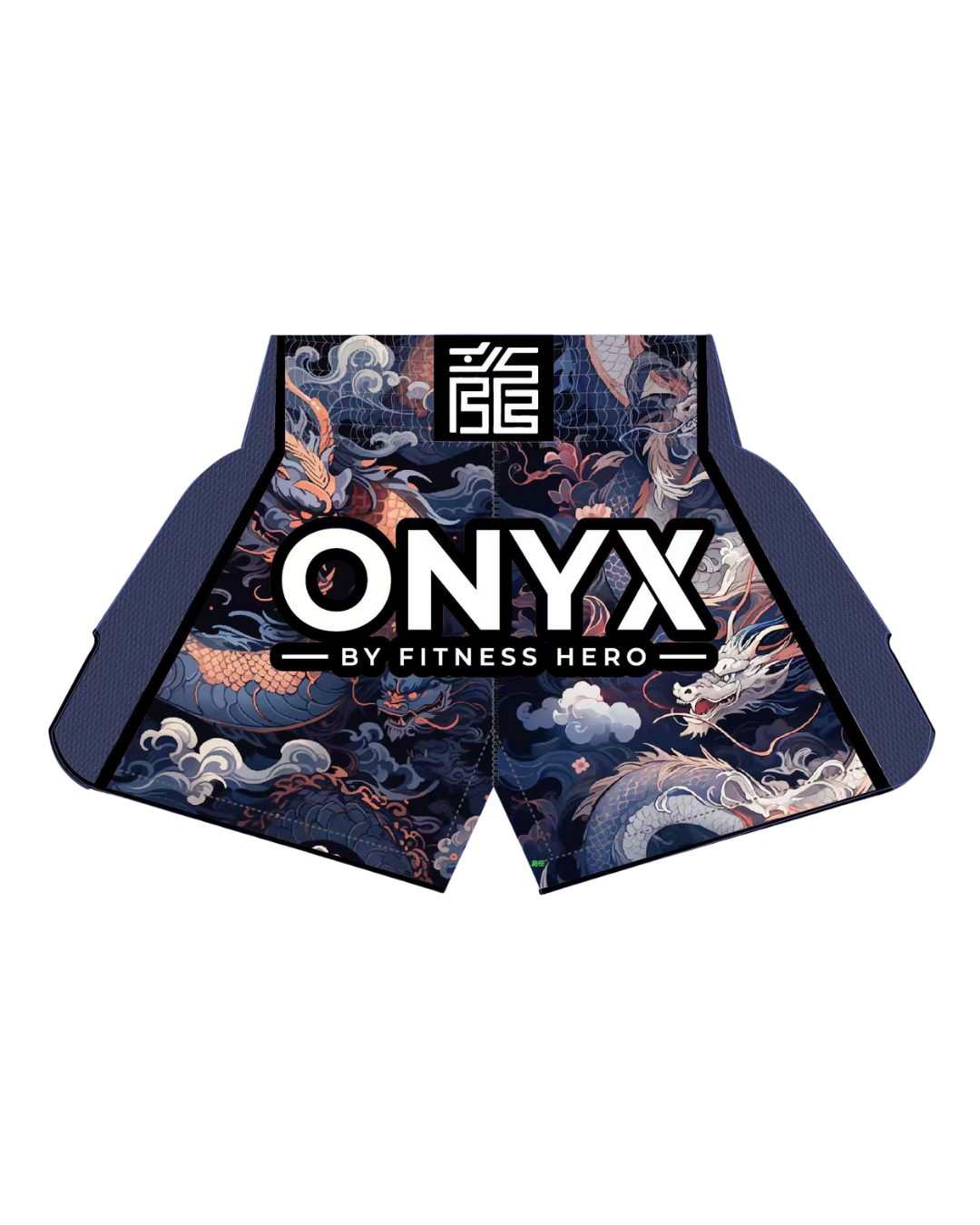 onyx muay thai shorts embroidered waistband mesh sides designed in australia