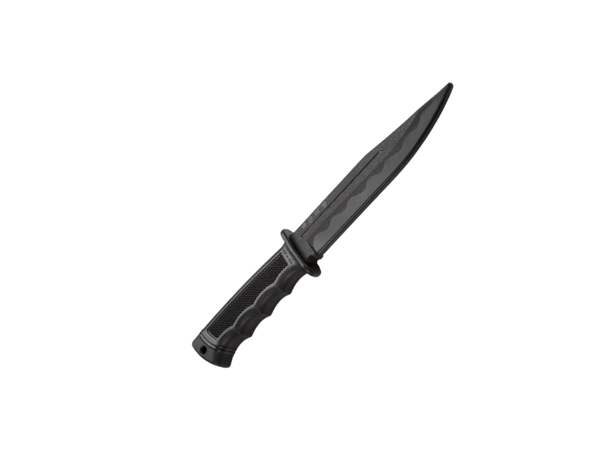 A black rubber tactical training knife with a realistic appearance, including a blood groove, designed for martial arts training.