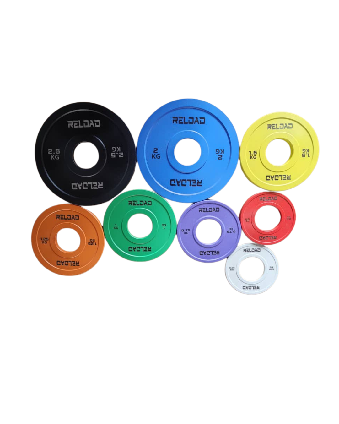 A set of Olympic rubber fractional plates in various colors including white, red, turquoise, green, orange, yellow, and blue, designed for strength training and compatible with standard 50mm Olympic bars.