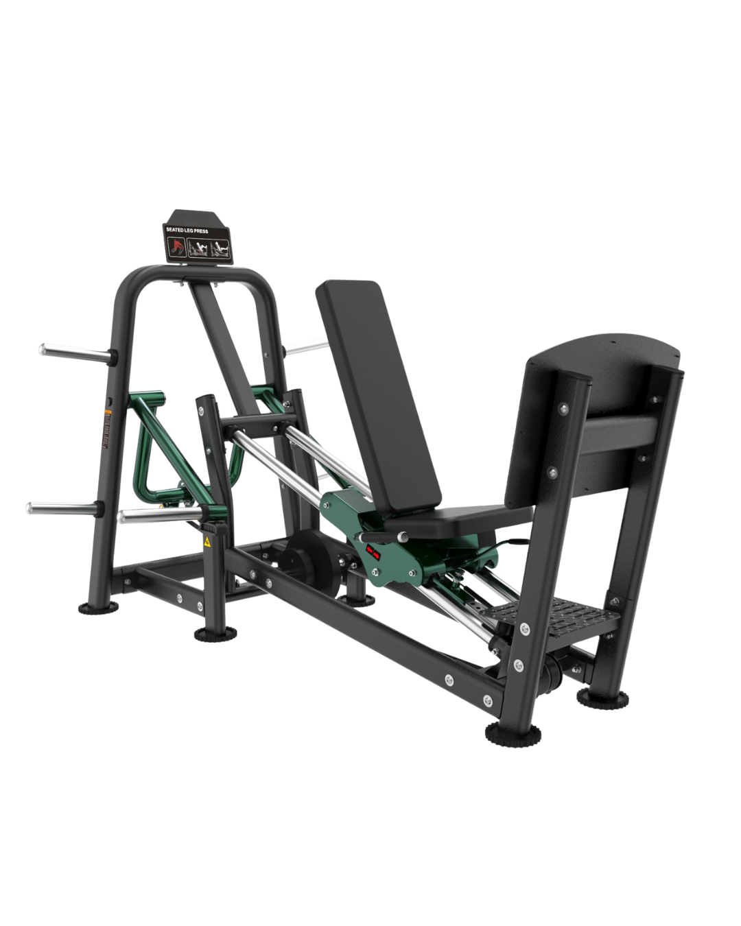The Vortex leg press gym machine with a black padded seat and backrest, a black frame, and green arms