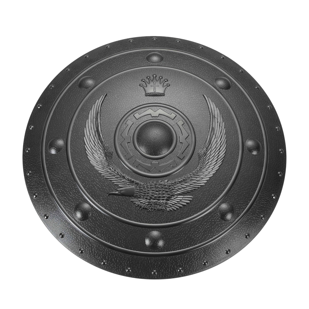 Round black ABS training shield with embossed centre design for martial arts forms and controlled defensive drills.