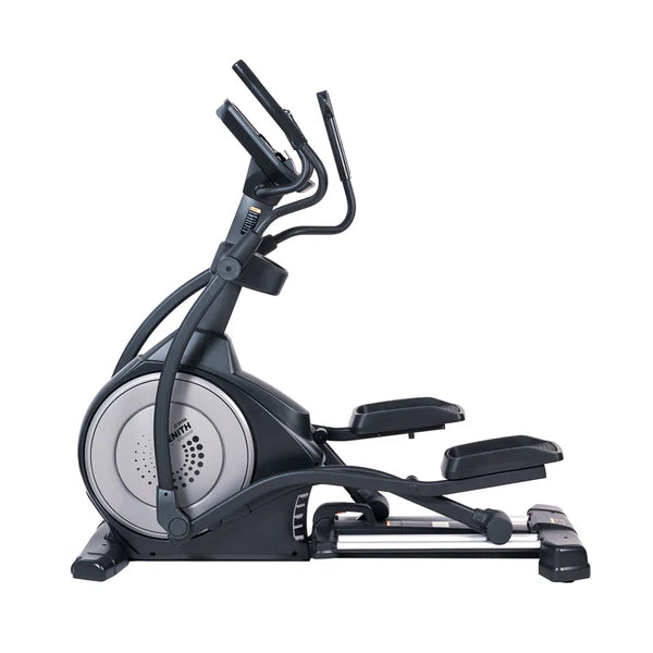 Commercial-grade elliptical trainer with heavy-duty steel frame. Side View