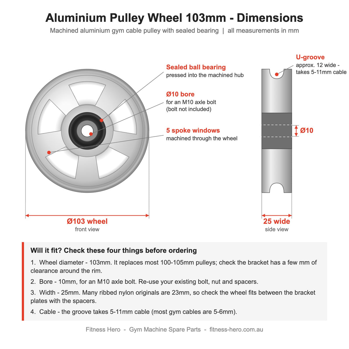 Aluminium pulley wheel 103mm dimensions diagram - machined 5-spoke aluminium gym cable pulley, 10mm bore for M10 axle bolt, 25mm wide, U-groove for 5-11mm cable, sealed ball bearing hub