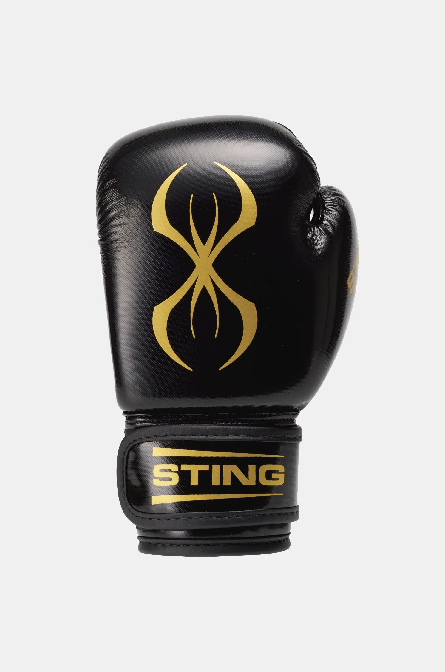 Black boxing gloves with gold logo and 'STING' branding on a white background