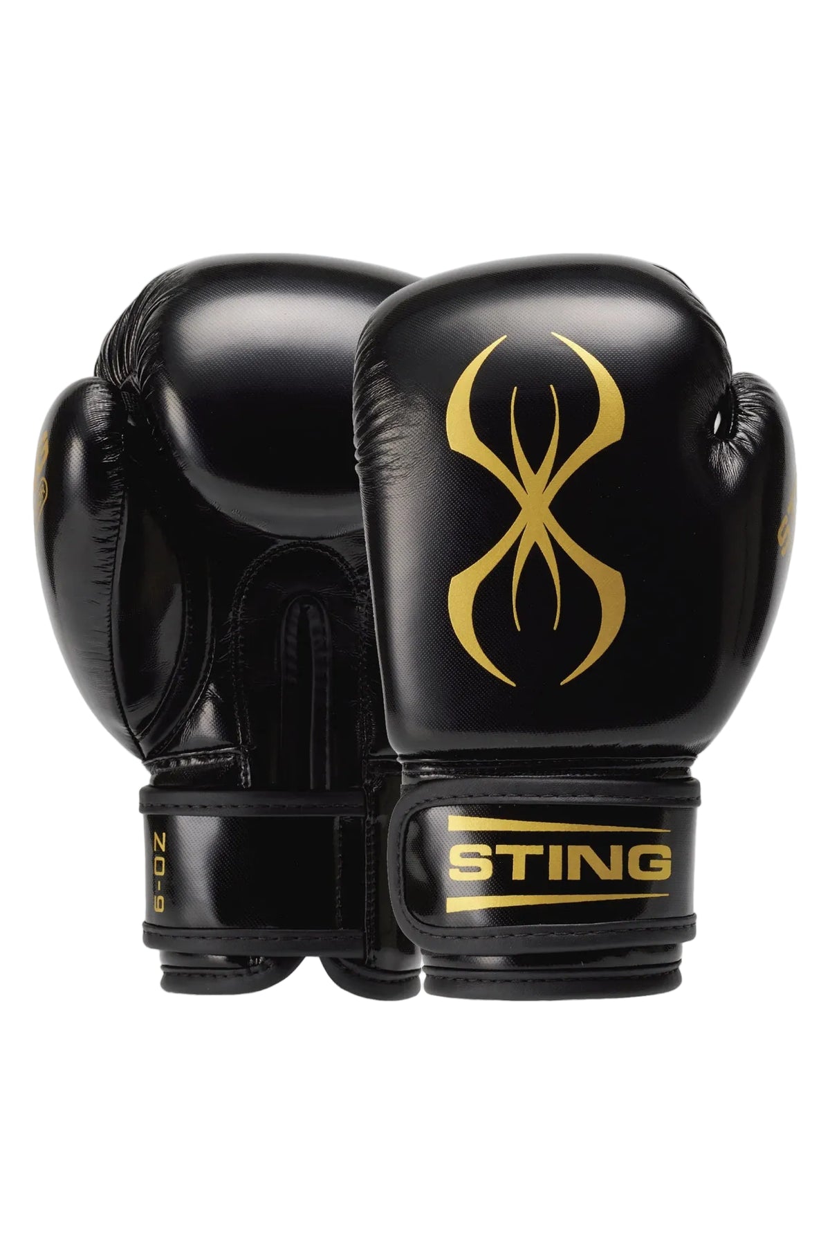 Black boxing gloves with gold logo and 'STING' branding on a white background