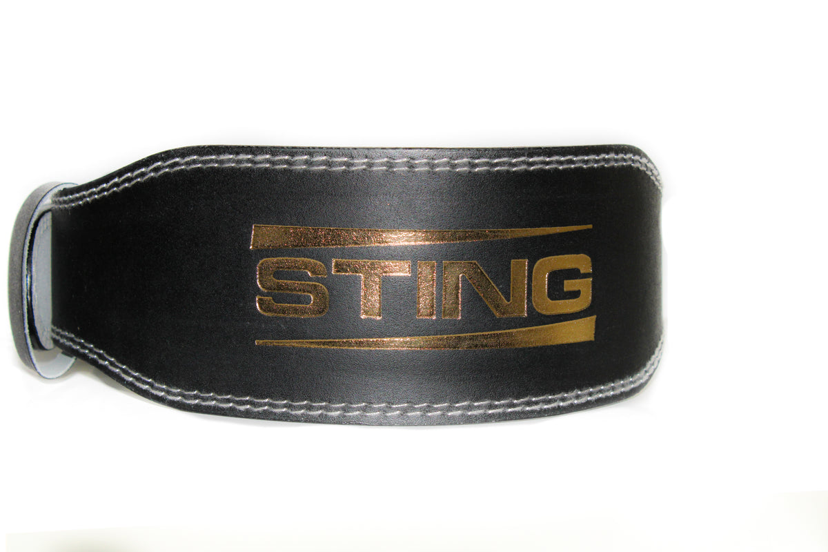 Black 4-inch suede leather lifting belt with double-prong stainless steel buckle and padded back support.