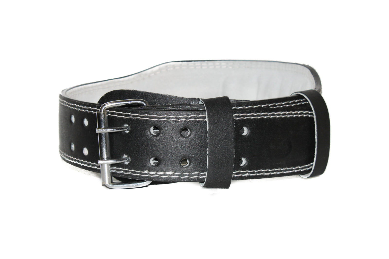 Black 4-inch suede leather lifting belt with double-prong stainless steel buckle and padded back support.