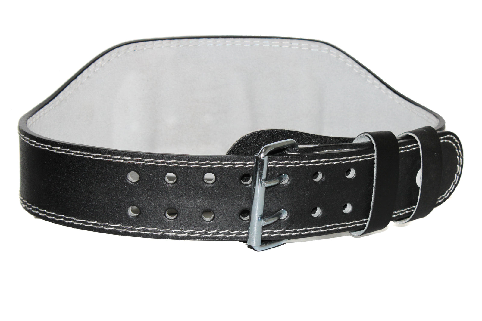 Black 6-inch suede leather lifting belt with double-prong stainless steel buckle and padded back support.