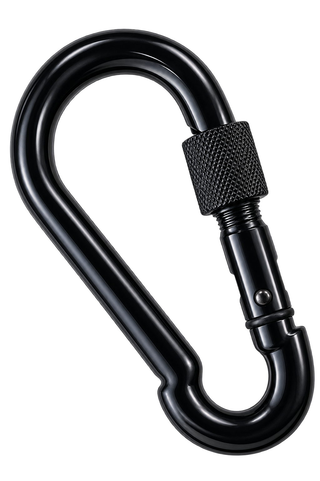 A black metal carabiner with a textured knurled locking tab