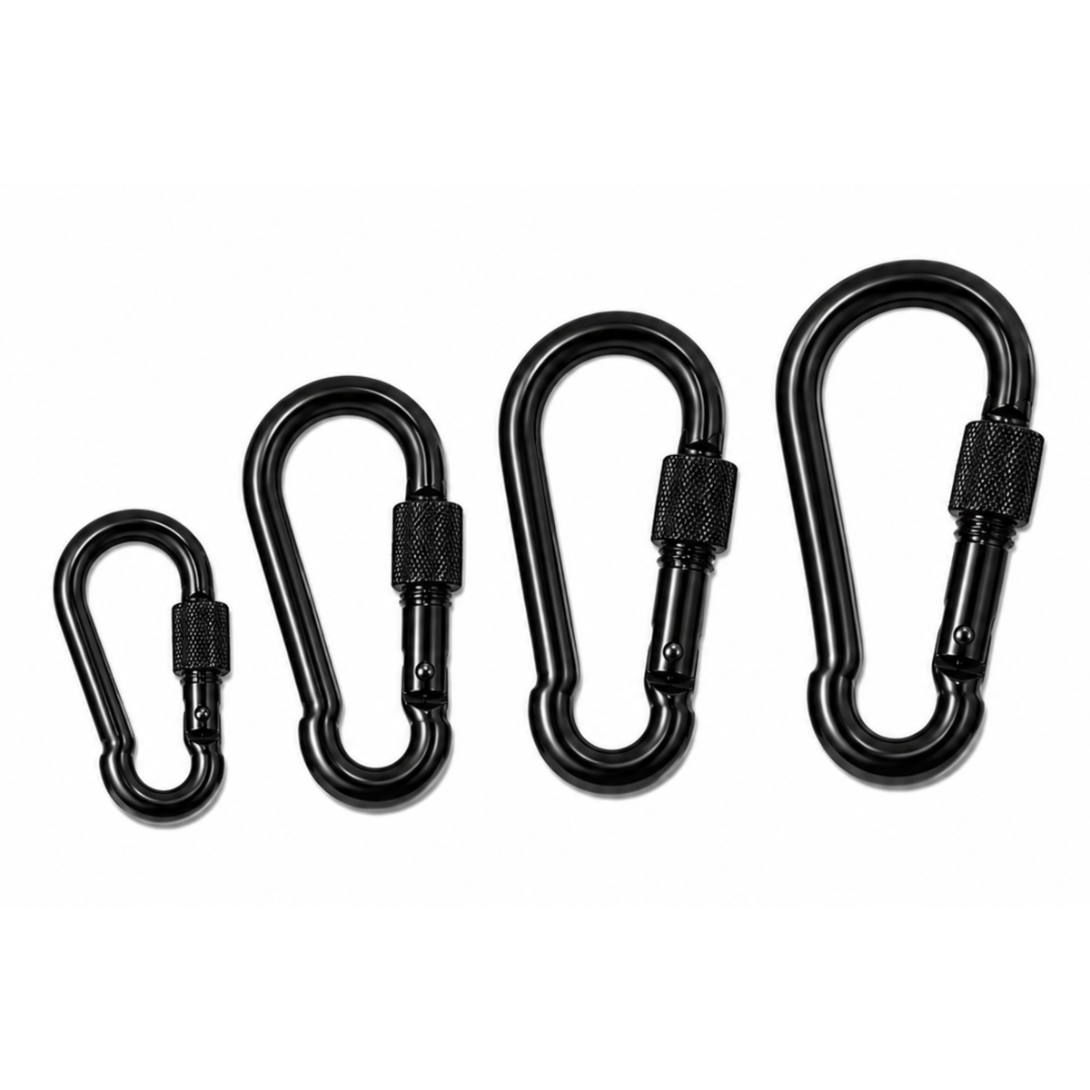 Four black metal carabiners in ascending sizes arranged horizontally on a plain white background.