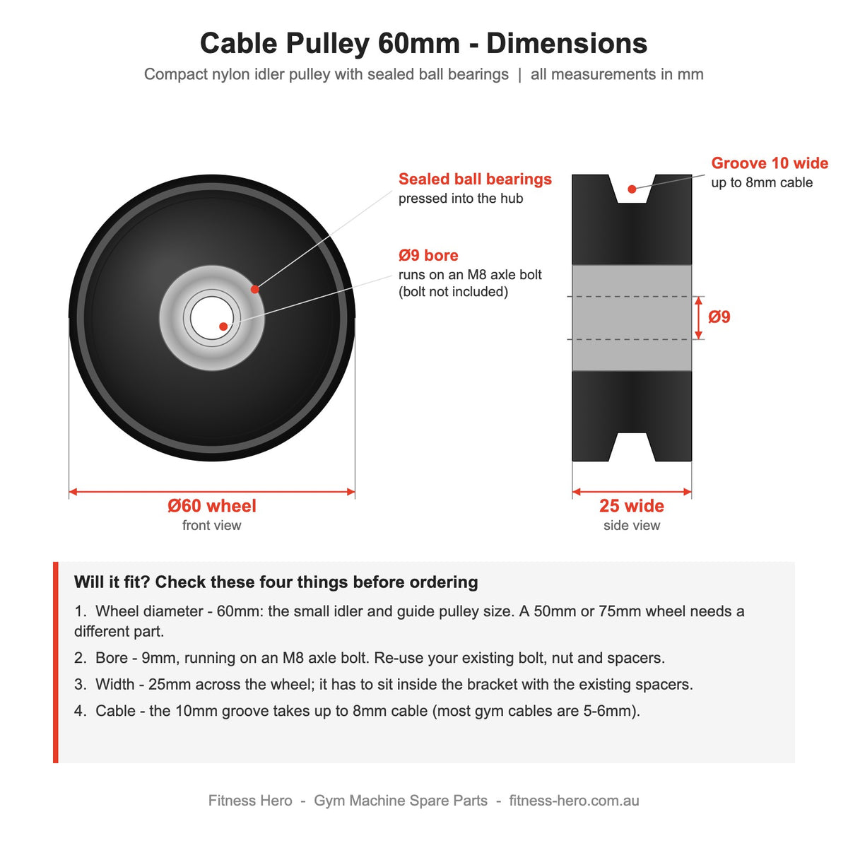 Cable pulley 60mm dimensions diagram - compact nylon idler pulley, 9mm bore for M8 axle bolt, 25mm wide, 10mm groove for up to 8mm gym cable, sealed ball bearing hub