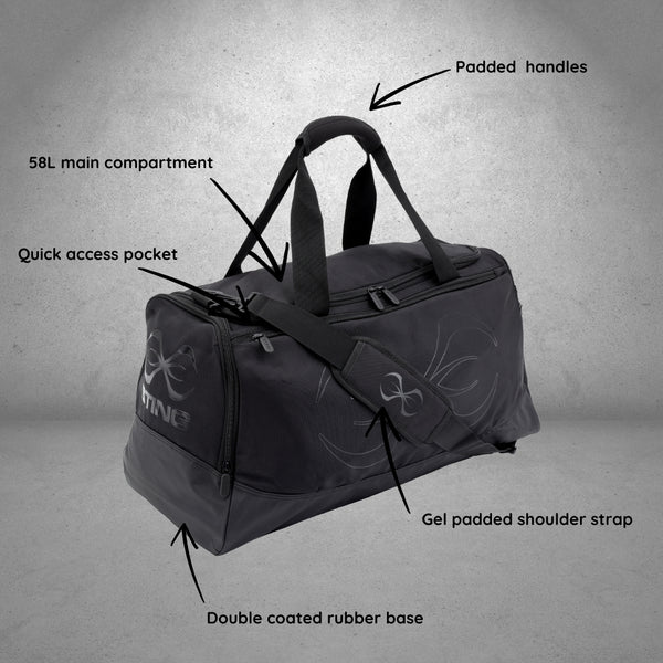 Sting Cruiser Holdall sports bag with 58L storage capacity, padded shoulder strap, and durable rubber base for gym and training gear