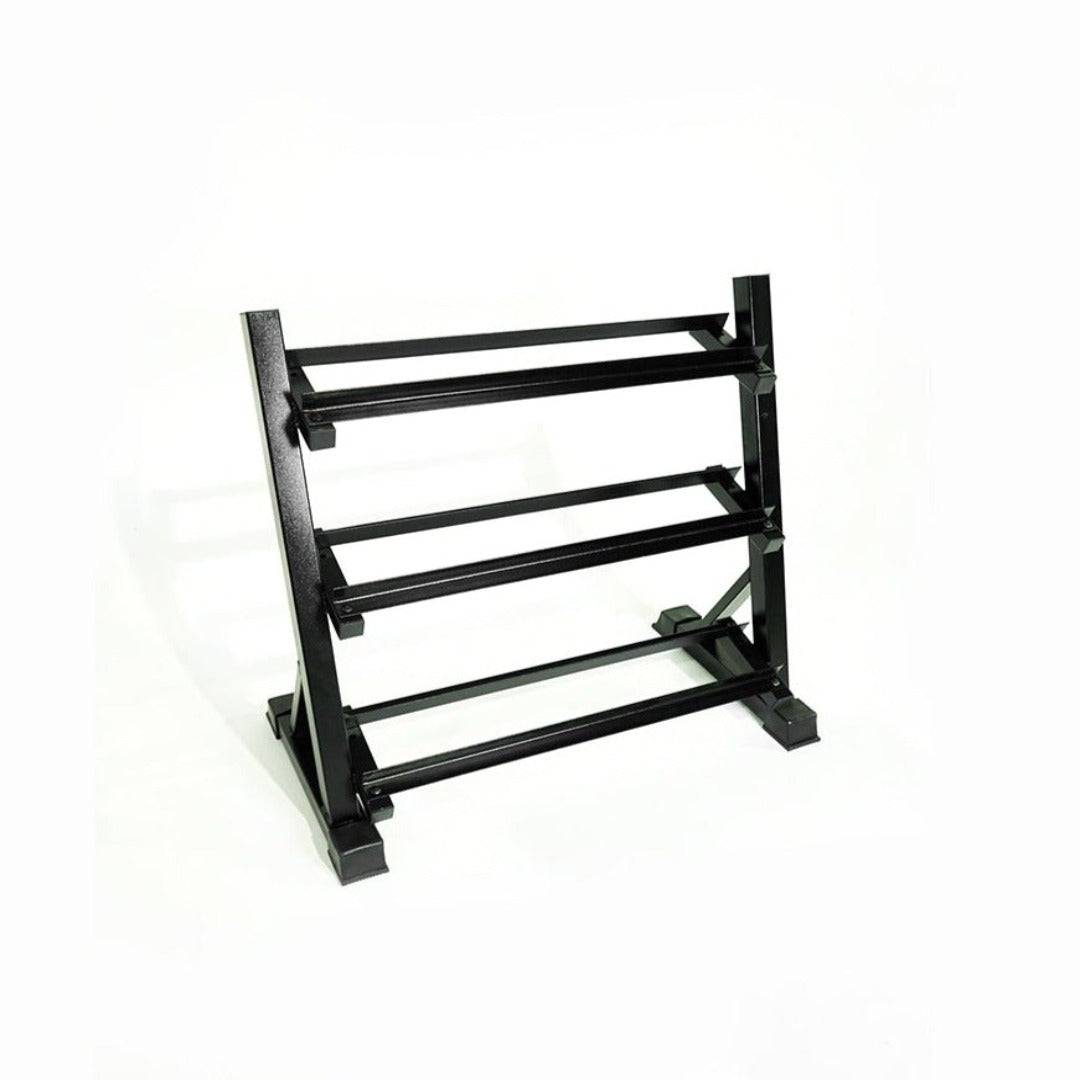 Full set of Pro Style round dumbbells with 3-tier rack in gym setting
