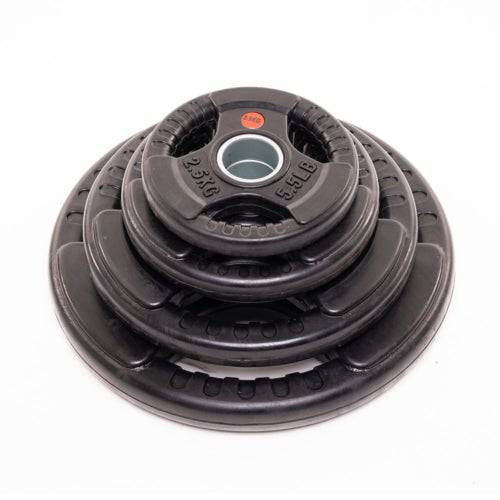 Stacked Olympic rubber coated tri grip plates - Elite Synergy bundle plate set