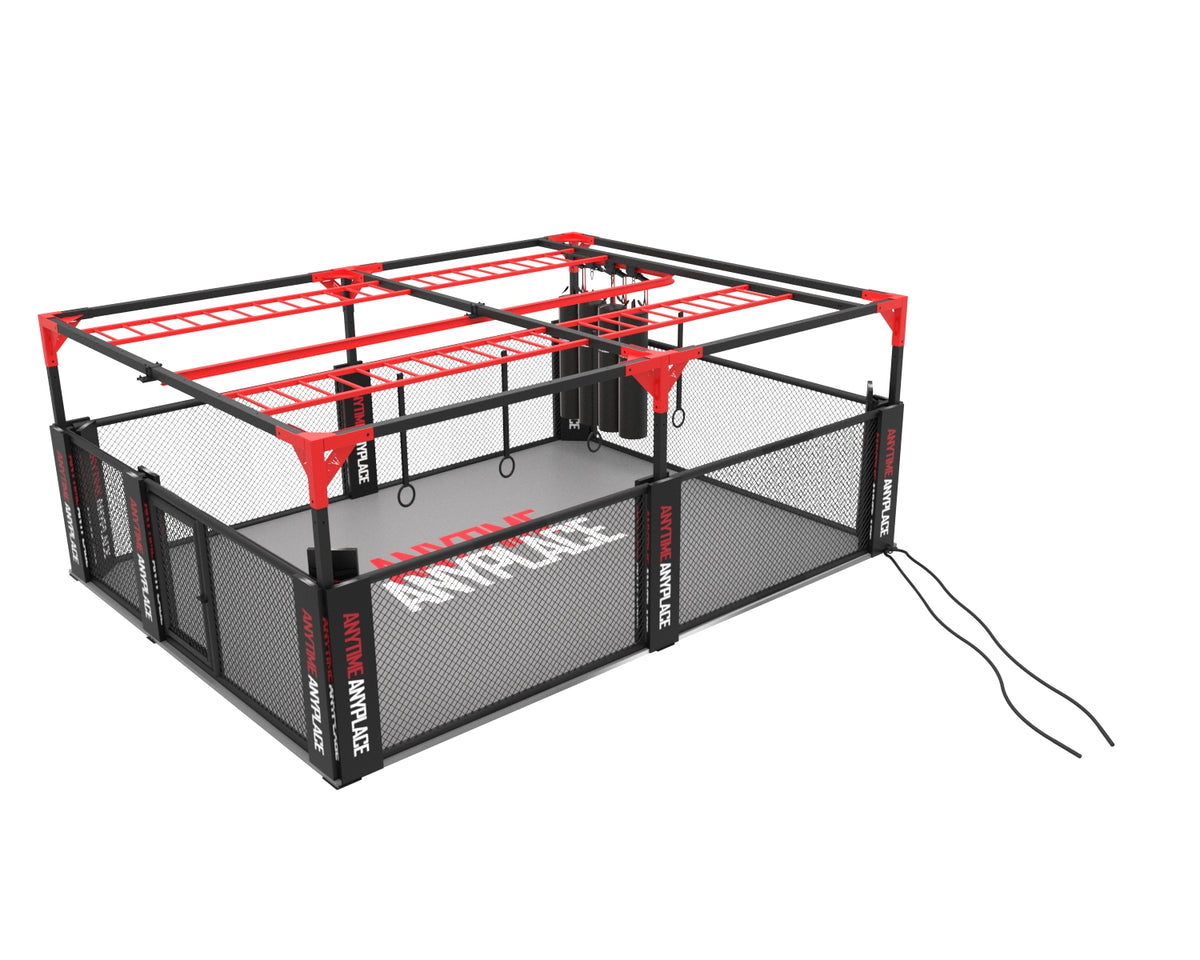 MMA cage training station with red monkey bars, mesh fencing and hanging bag frame

