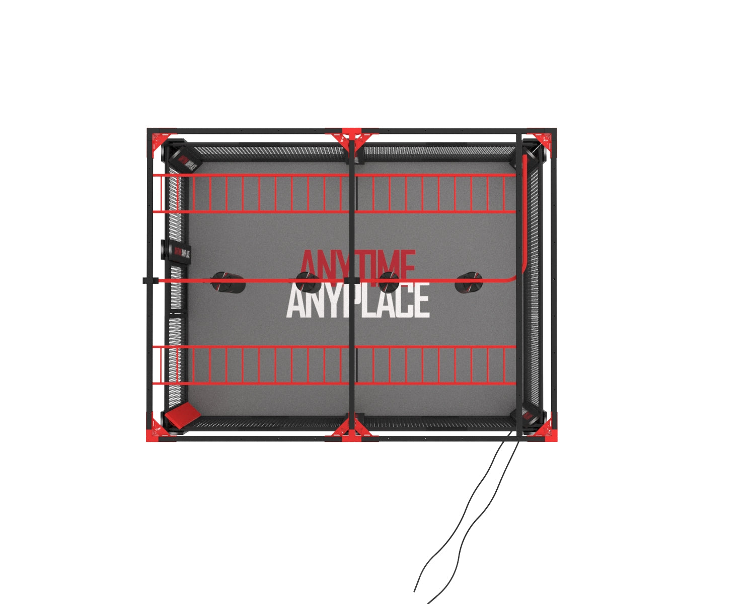 MMA cage training station with red monkey bars, mesh fencing and hanging bag frame

