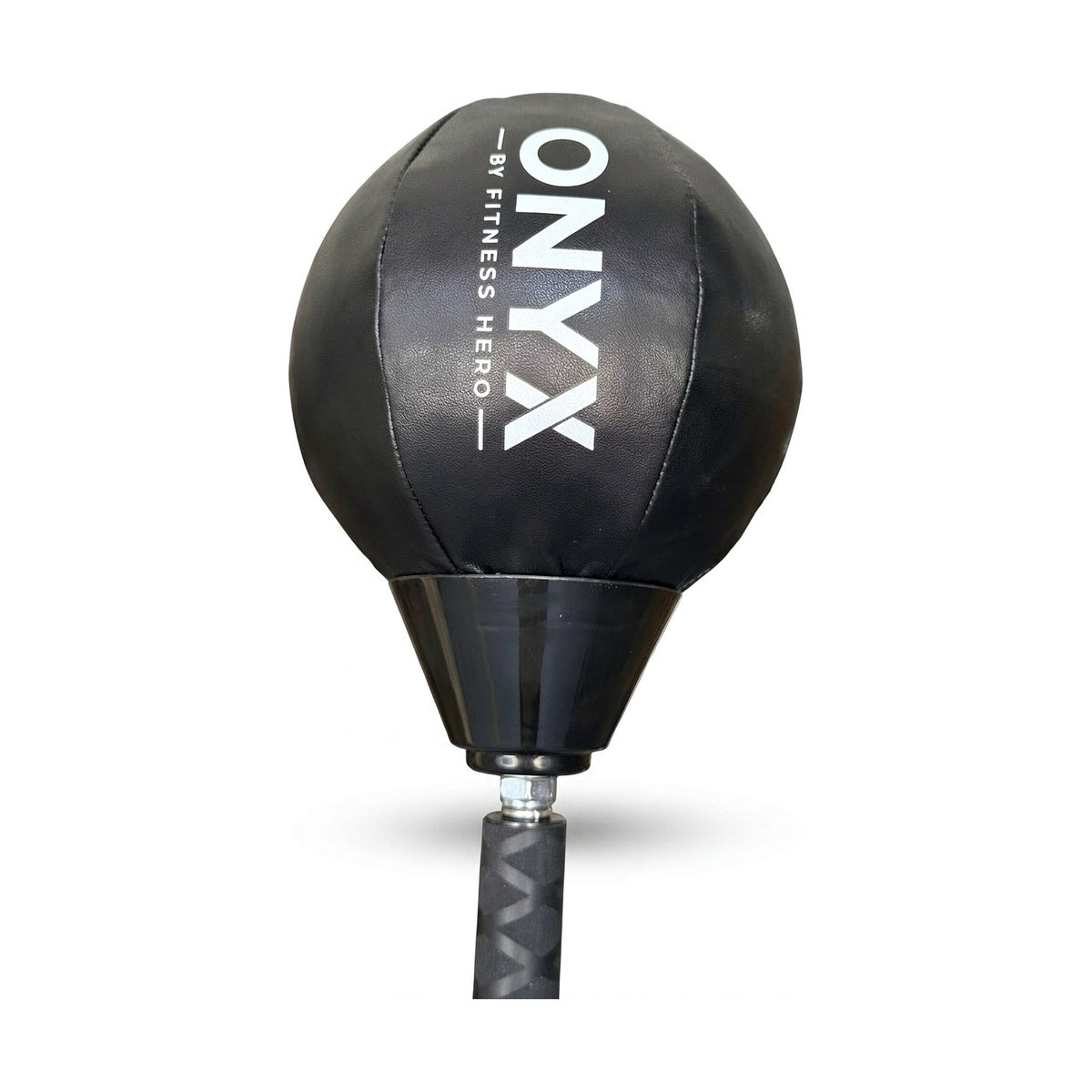 Close-up of the Onyx Cobra HD stitched leather speed ball with Onyx by Fitness Hero logo