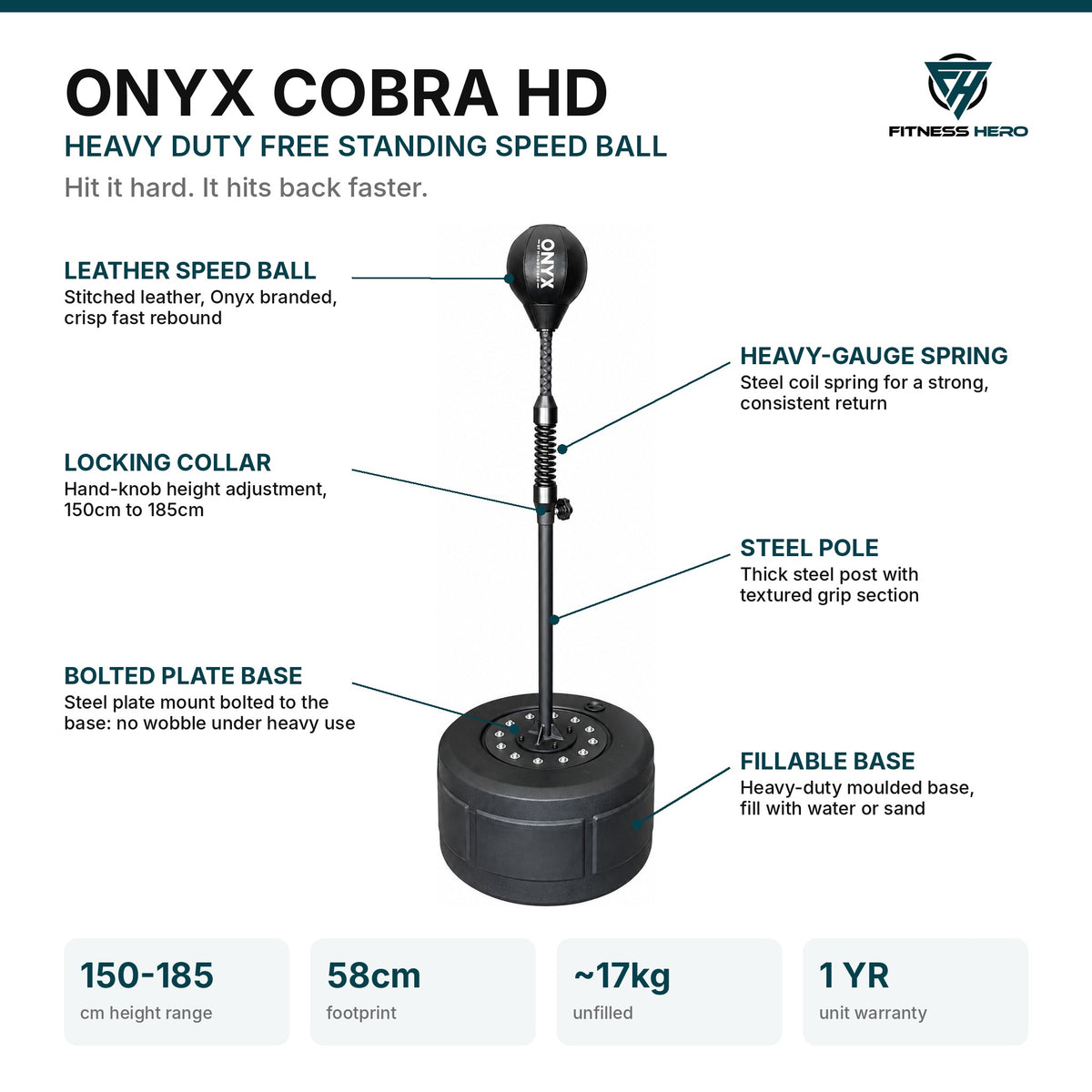 Onyx Cobra HD spec sheet: leather speed ball, heavy-gauge spring, locking collar, steel pole, bolted plate base, 150-185cm height