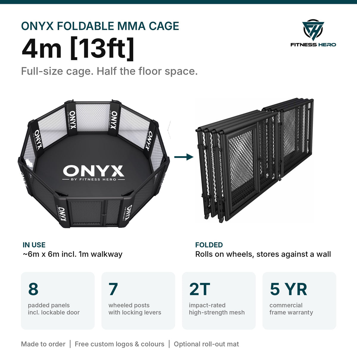 Onyx Foldable MMA Cage 4m [13ft] overview: set up vs folded, 8 padded panels, 7 wheeled posts, 2-tonne mesh, 5-year frame warranty