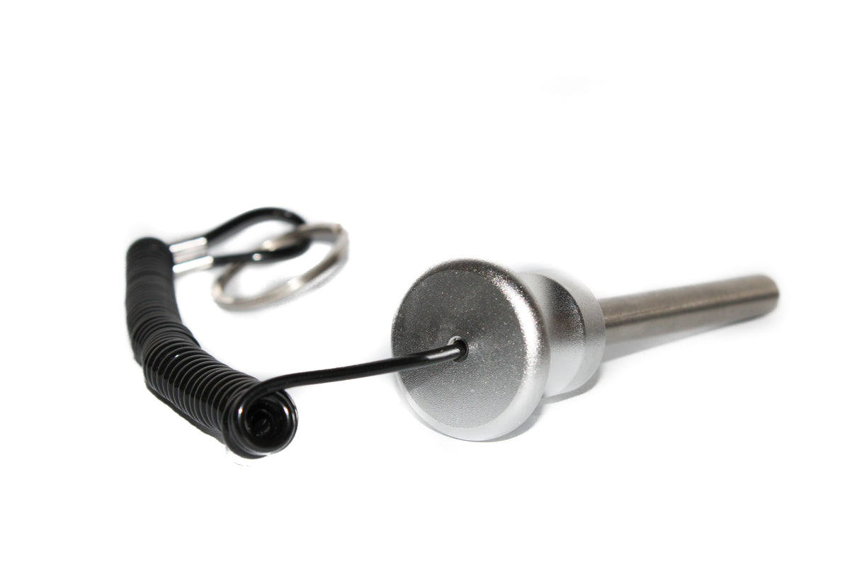 Magnetic weight stack pin - 8mm steel shaft with machined aluminium knob and black coiled lanyard with keyring clip
