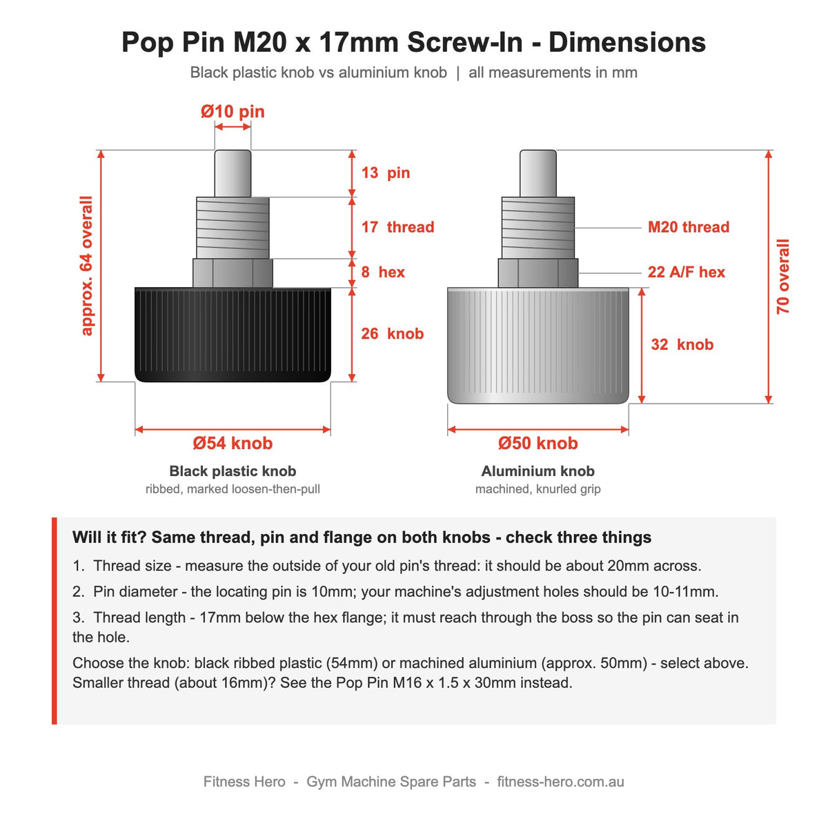 Pop pin M20 x 17mm screw-in dimensions - black plastic knob 54mm x 26mm at approx. 64mm overall and aluminium knob approx. 50mm at 70mm overall, both with 10mm spring-loaded pin, 17mm M20 thread and 22mm hex flange