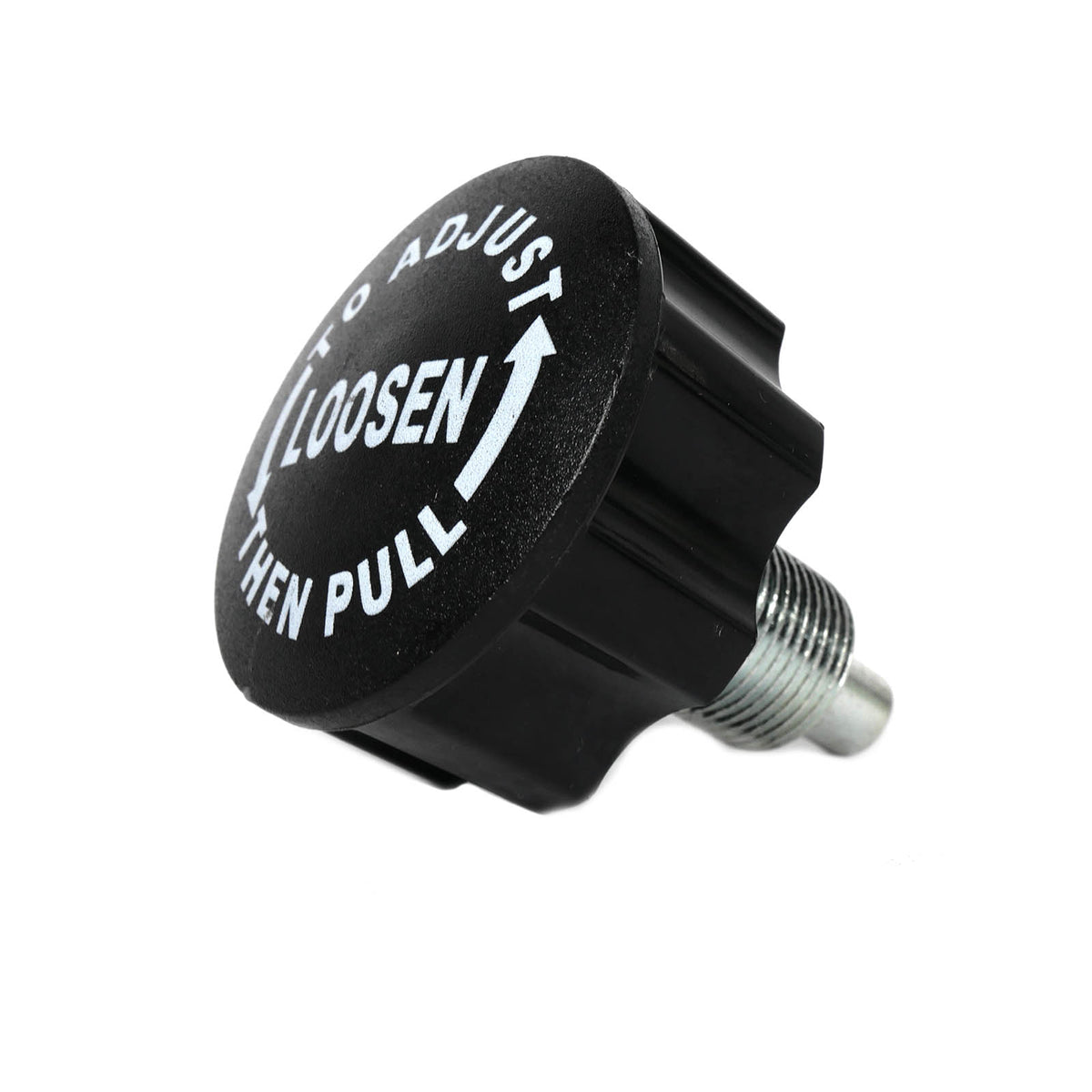 Pop Pin M20 x 20mm screw-in - black ribbed lock-down knob marked to adjust loosen then pull, with M20 thread and spring-loaded 10mm pin