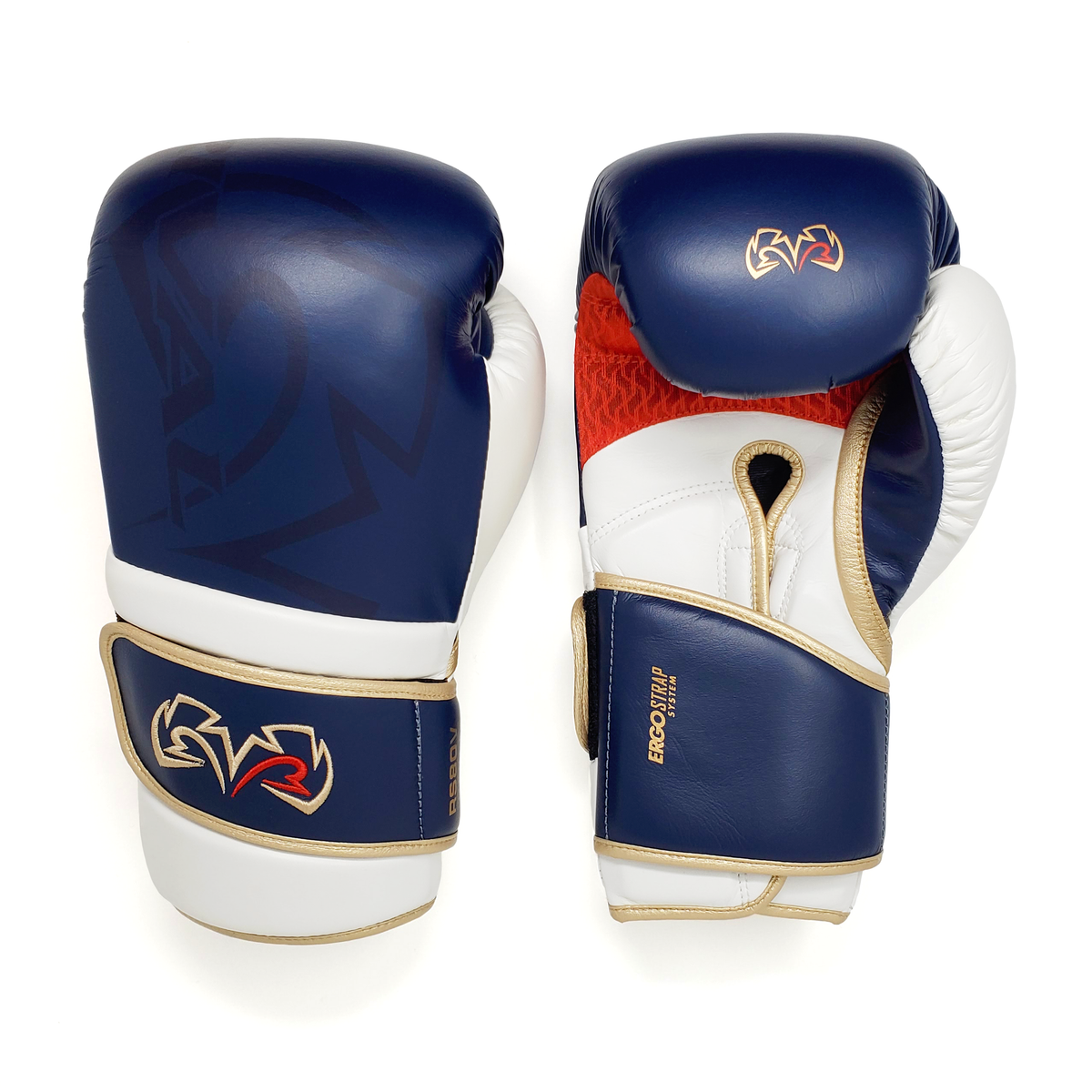 Rival RS80V Impulse sparring gloves navy side view showing angled Ergo Strap