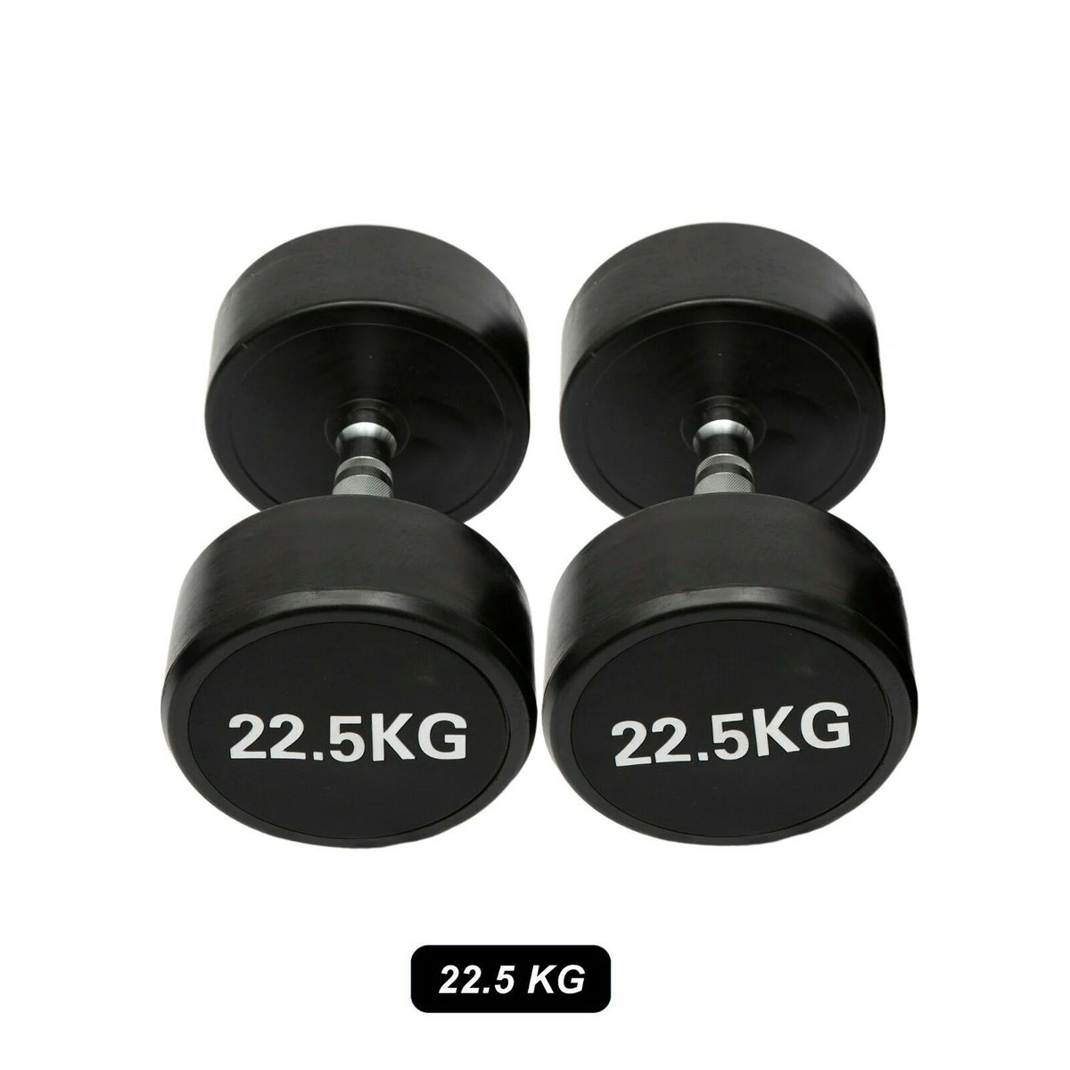 Single pair of Pro Style round dumbbells resting on rubber gym flooring

