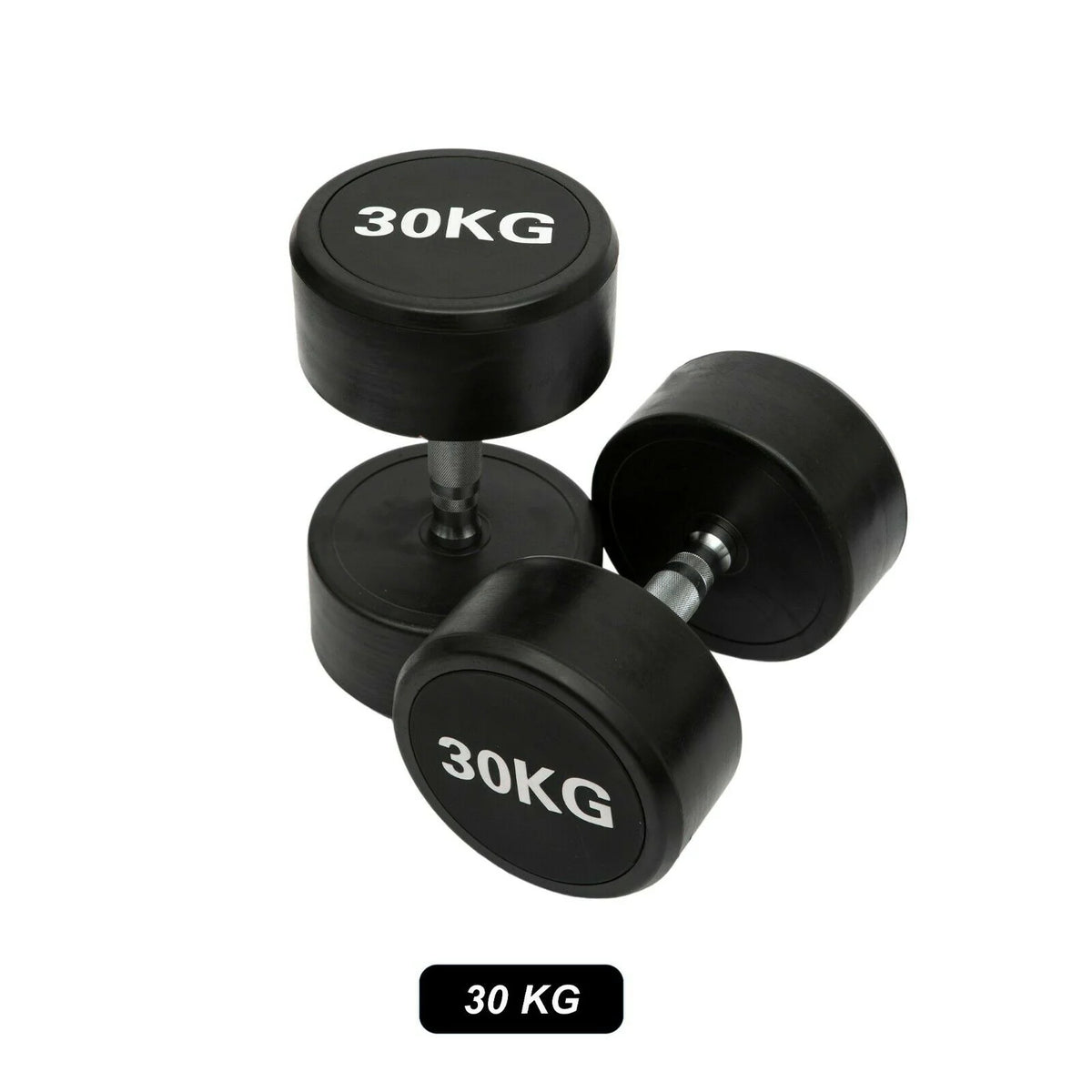 Single pair of Pro Style round dumbbells resting on rubber gym flooring

