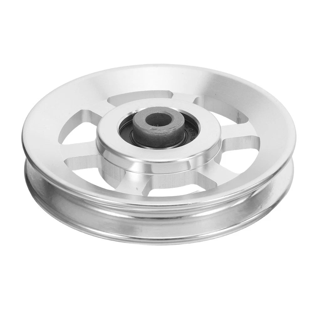 Aluminium Pulley Wheel 103mm - machined silver aluminium gym cable pulley with five spoke windows, deep U-groove and sealed ball bearing hub.