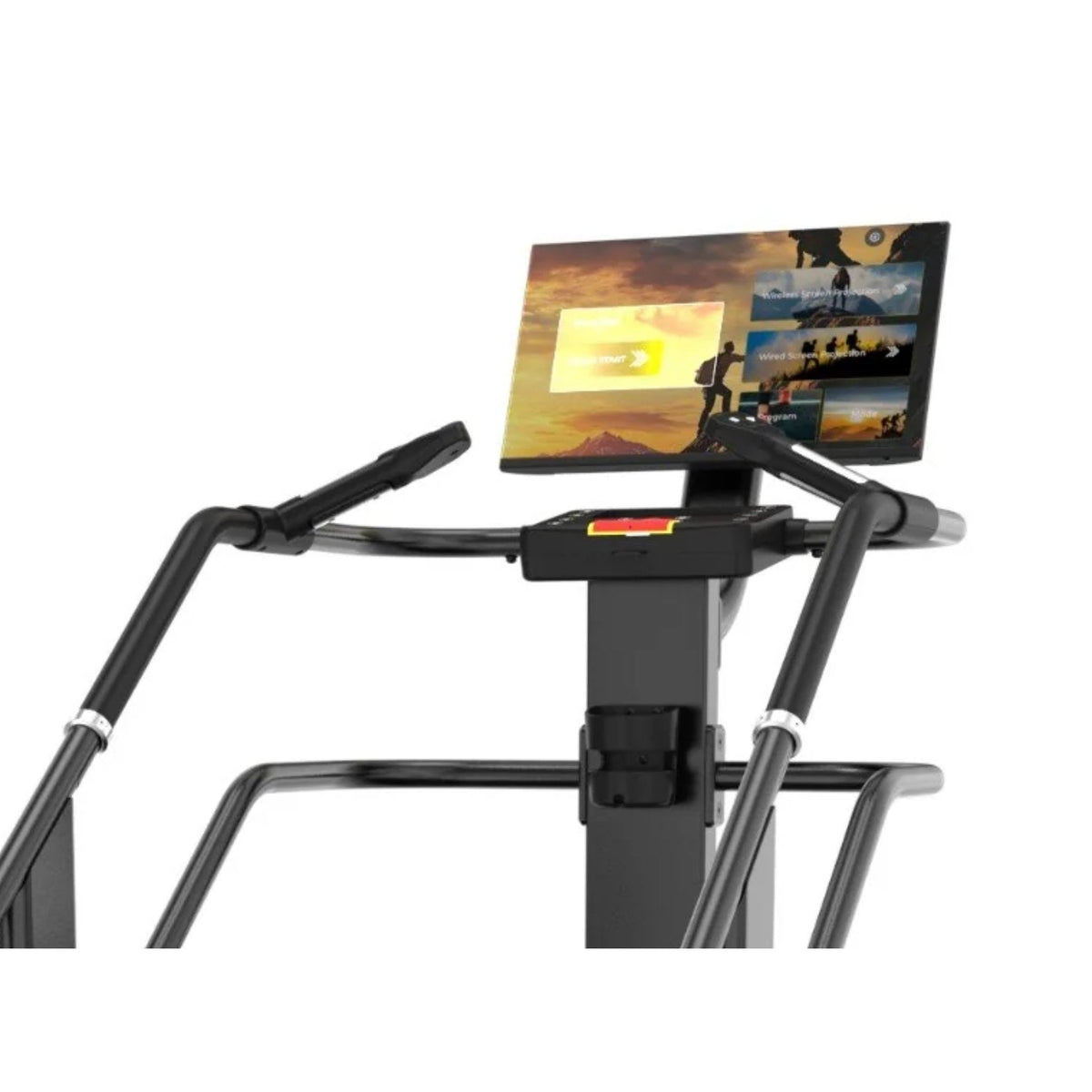 T500 stair climber LCD console close-up - colour touchscreen with wireless and wired screen mirroring