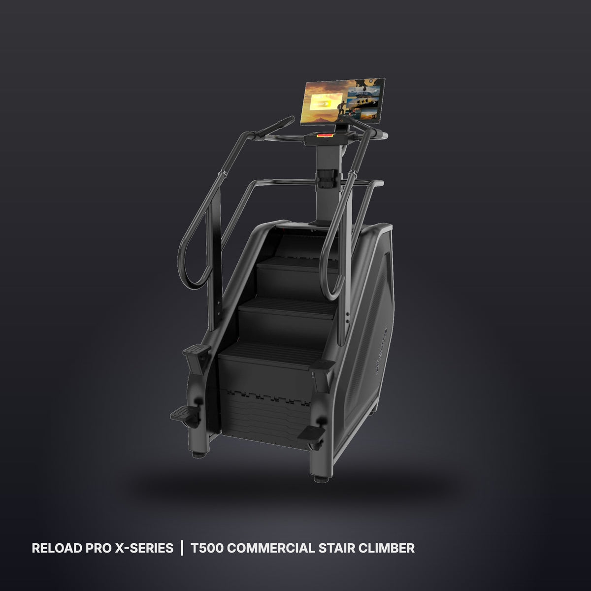 Reload Pro X-Series T500 commercial stair climber on dark studio background - front three-quarter view