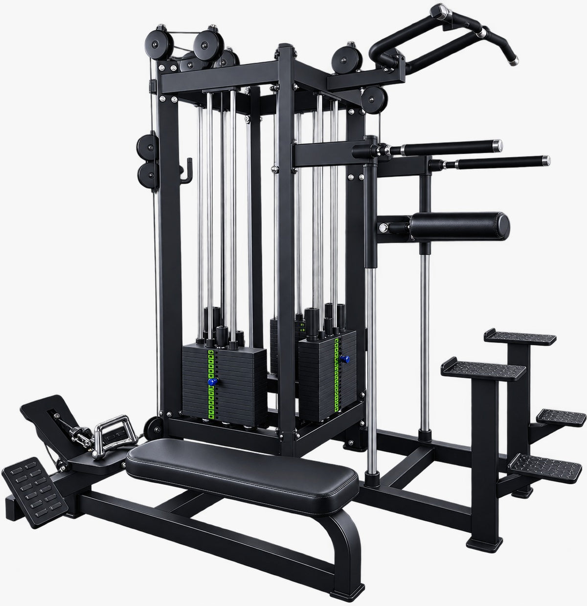 Synergy Series 4 station jungle gym TB66 - front three-quarter view with seated low row bench and lat pulldown station