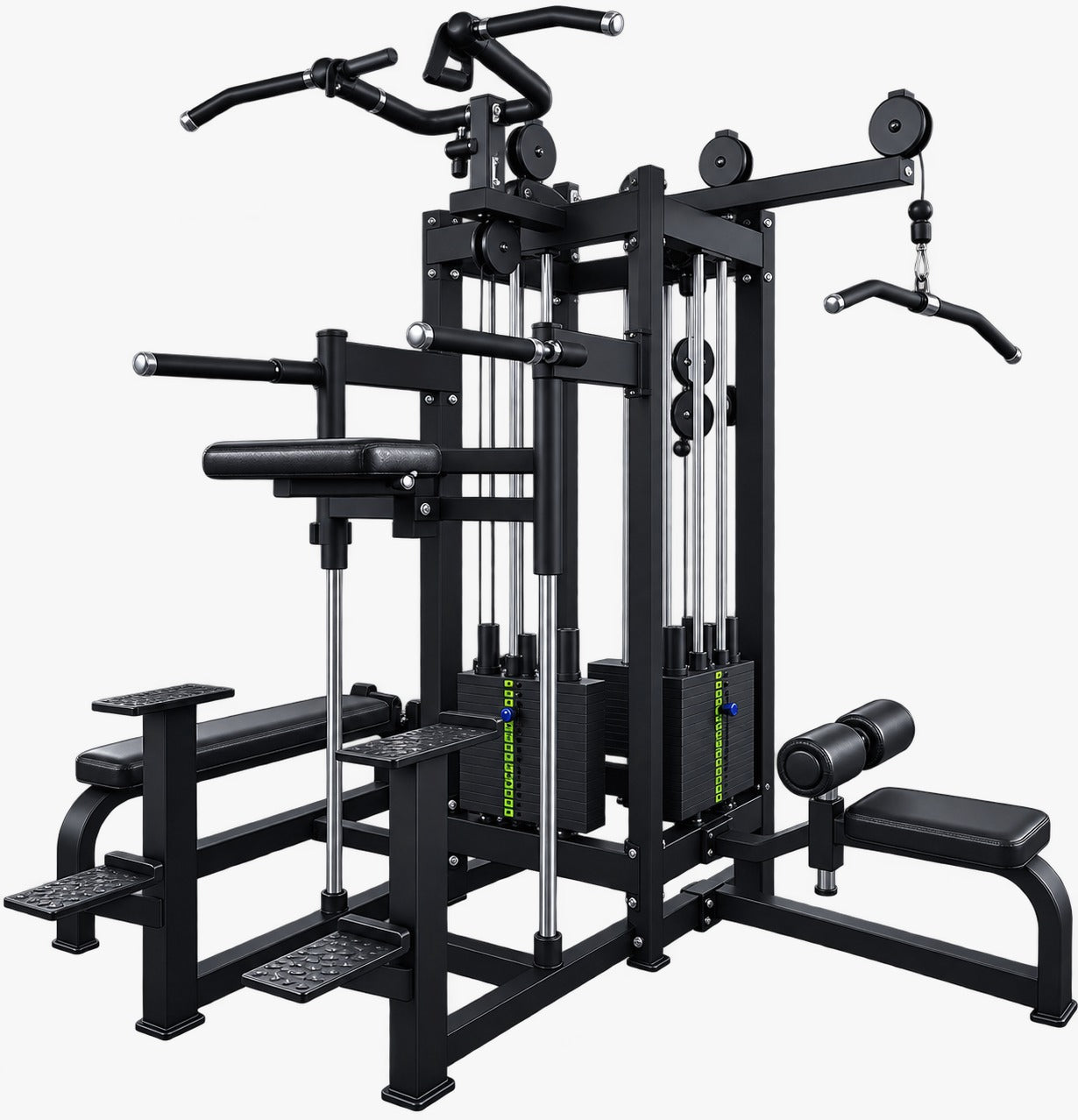 Synergy Series 4 station jungle gym TB66 - front three-quarter view with seated low row bench and lat pulldown station