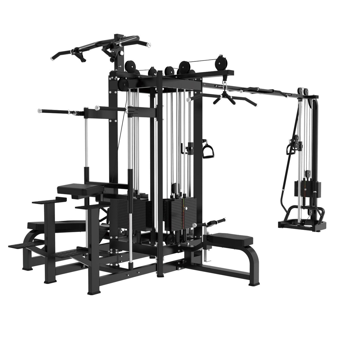 Synergy TF Series 5 station jungle gym TF40 - multi-station cable tower with lat pulldown, low row bench and dip knee raise station, joined by a pull-up beam to an adjustable cable column