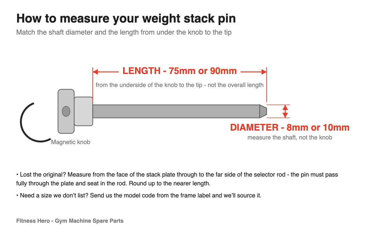 How to measure a weight stack pin - shaft diameter 8mm or 10mm and length 75mm or 90mm measured from the underside of the magnetic knob to the tip