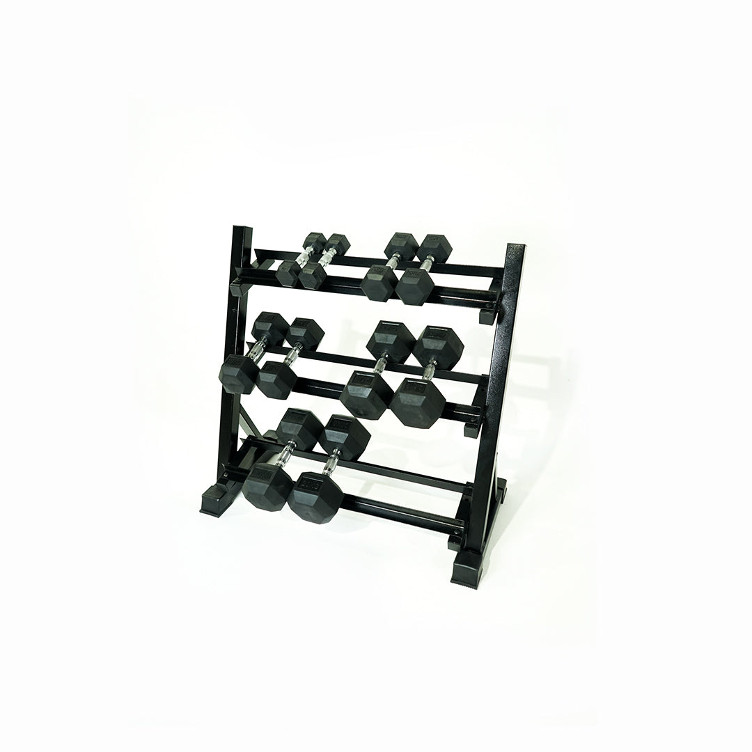 The Fitness Hero 3 Tier Dumbbell Rack is perfect for keeping all your dumbbells in one place, this 9-10 pair dumbbell rack helps save space and keeps your gym area tidy! Our Dumbbell Rack can comfortably fit 3 pairs of small Hex Dumbbells per tier or 2 pairs of heavier Hex Dumbbells.