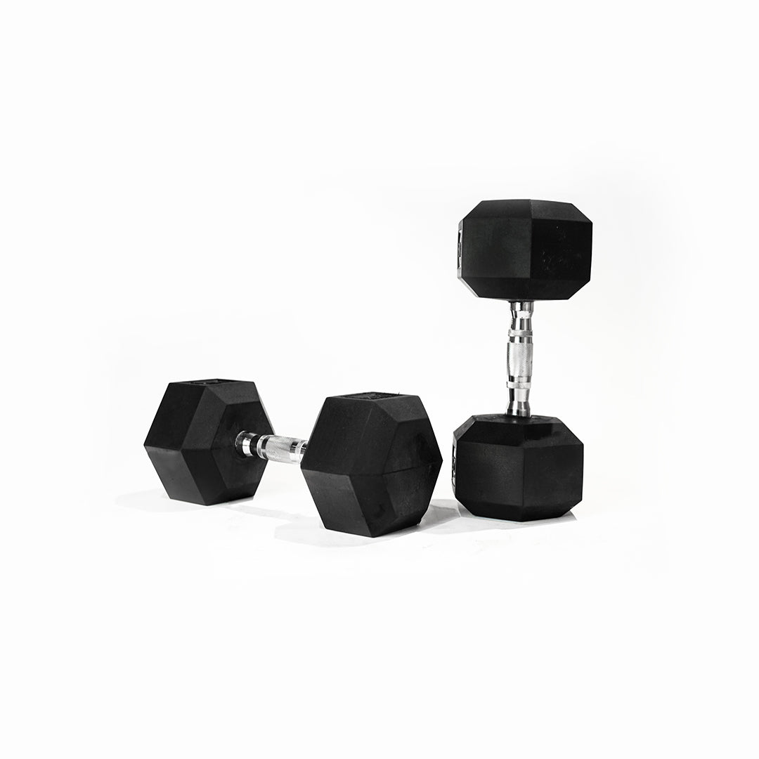 The Fitness hero commercial grade hex dumbbells have a “Class A” rating and are a superior quality above its competitors. Cast iron heads which are further bolted and encased into the rubber to eliminate any spinning &amp; our chrome handles are ergonomically designed with consistent knurling to ensure you have a secure grip.