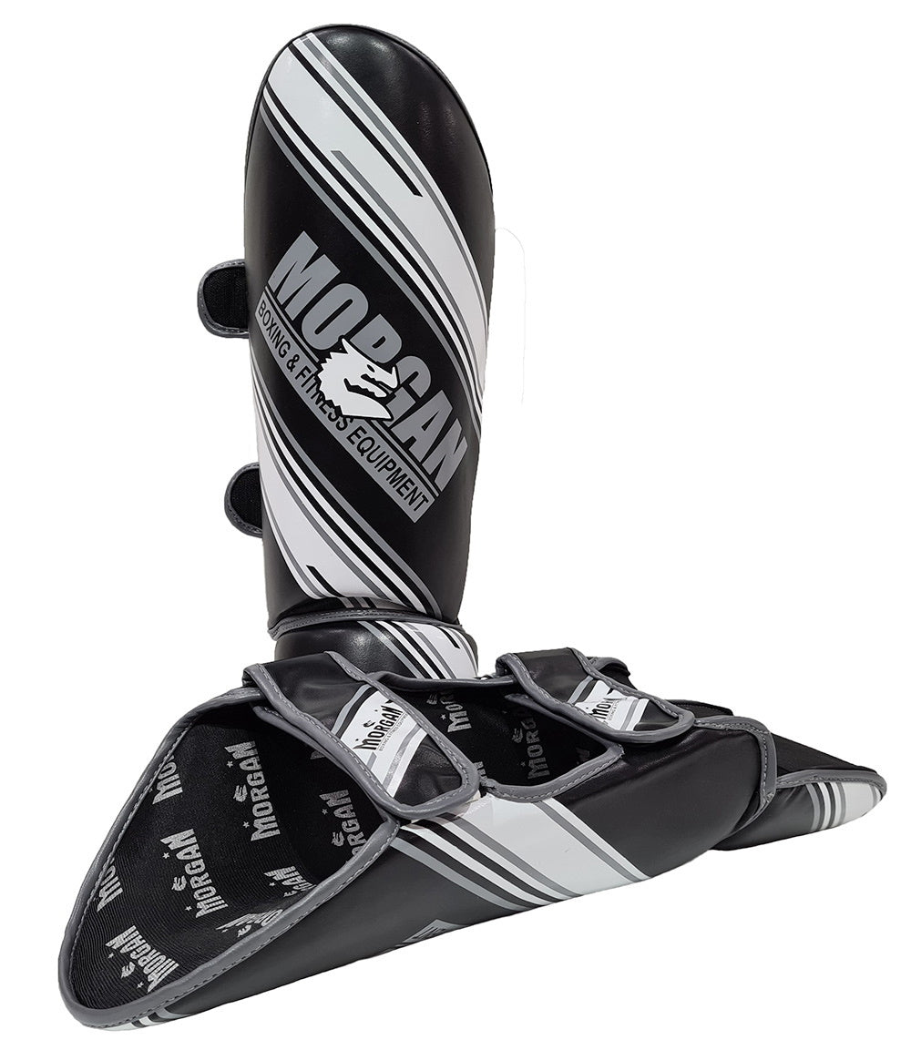 Fitness Hero presents the Morgan Aventus shin guards. The Aventus shin guards are a true intermediate to advanced user shin protectors. The Aventus model has an all-new and improved shin and instep protection for all martial arts, MMA and Muay Thai training. Available in 4 sizes and the one black &amp; white colour