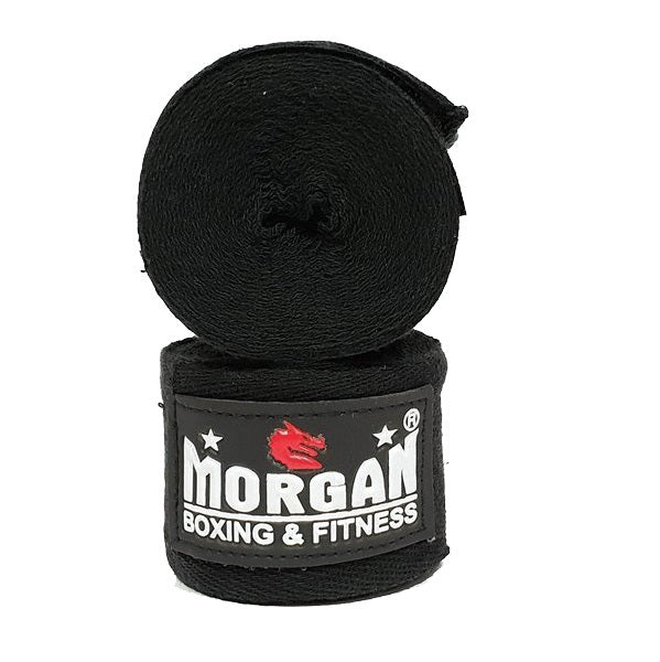 Fitness Hero offers the Morgan cotton hand wraps. These cotton hand wraps offer enhanced thickness. They measures 4 metres in length so you can completely wrap your wrists, hands, and knuckles for maximum support and protection without being bulky underneath the gloves. available in four colours. This is the black 