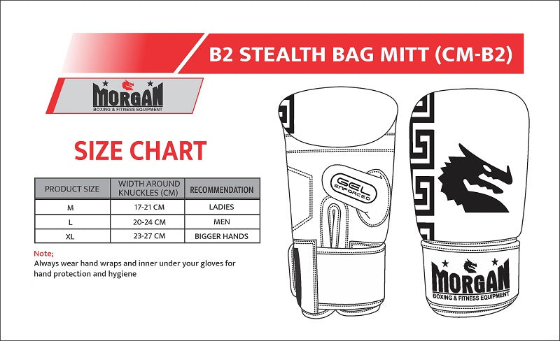B2 Bomber Bag mitts, size guide