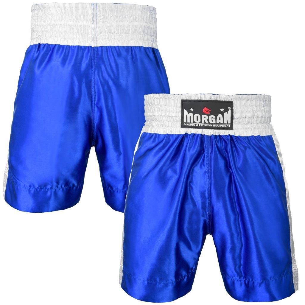 The Fitness Hero classic boxing shorts by Morgan Sports  offer a full 4-inch international style waistband with a snug elastic lining.  It is cut extra long with hemmed bottoms . Available in 3 colours, red blue & black