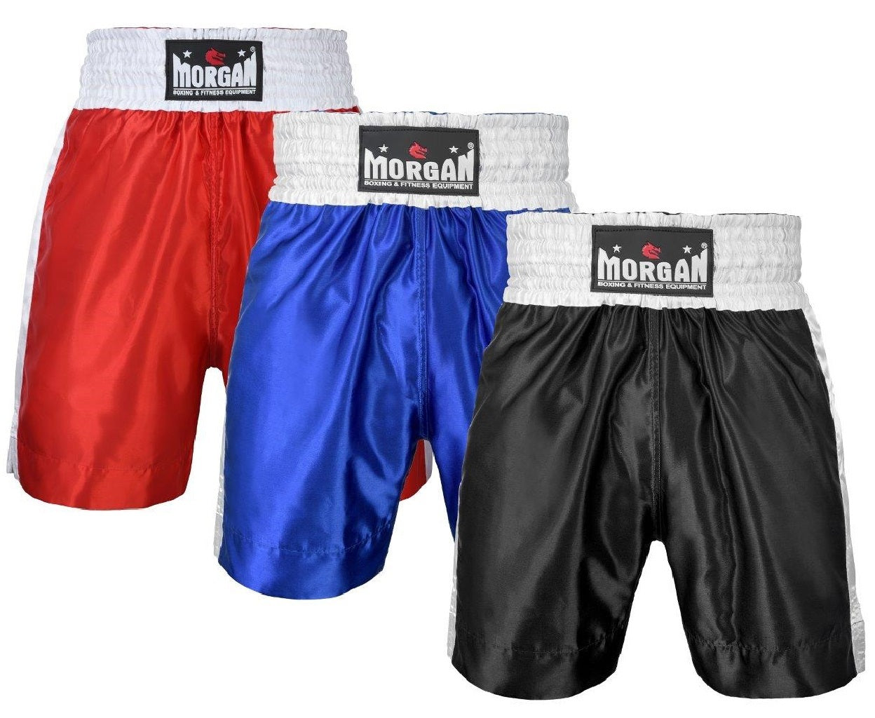 The Fitness Hero classic boxing shorts by Morgan Sports  offer a full 4-inch international style waistband with a snug elastic lining.  It is cut extra long with hemmed bottoms . Available in 3 colours, red blue & black