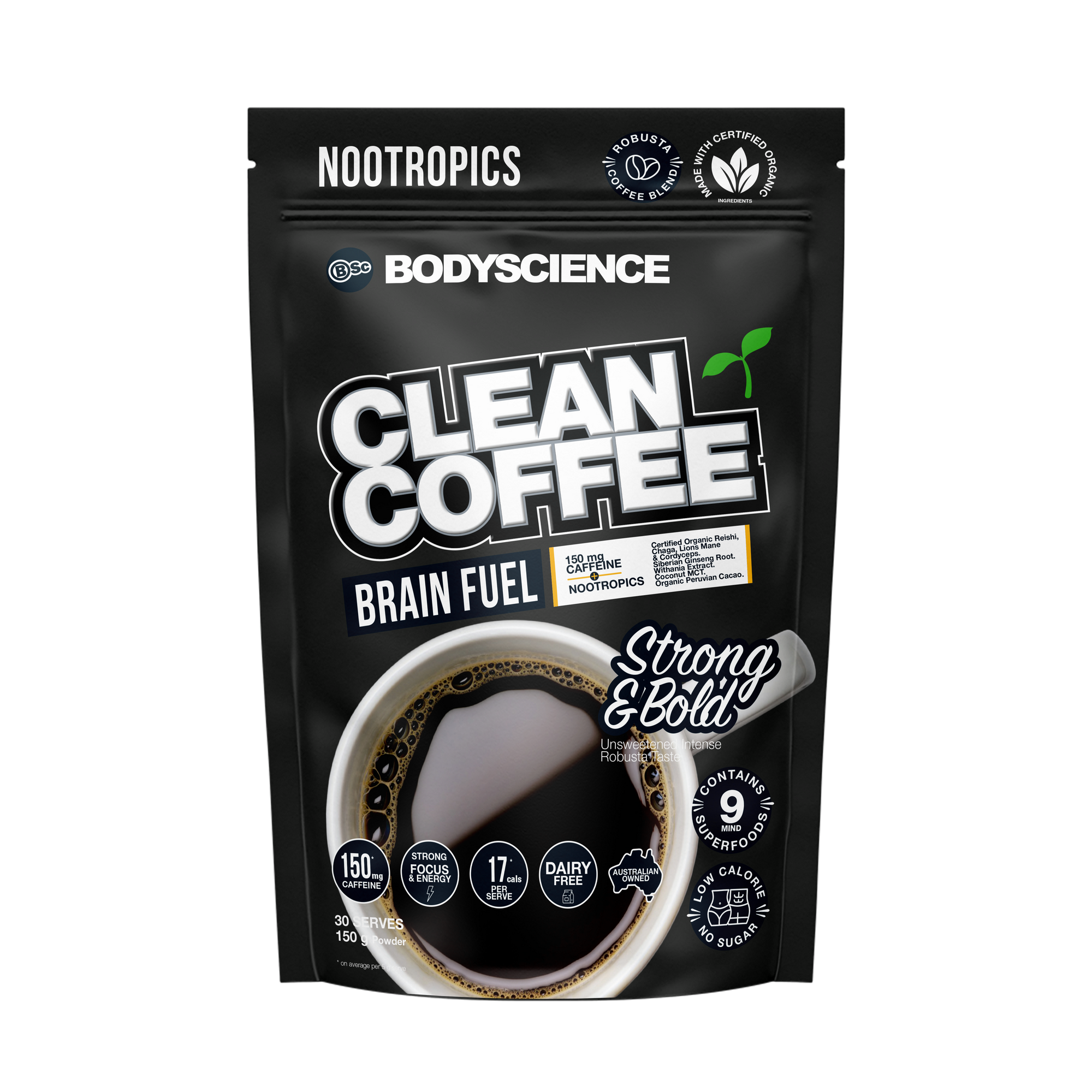 Fitness Hero presents Body Science BSc Clean Coffee - Brain Fuel. A superior coffee blend containing Australian blended Robusta Coffee and 9 mind superfoods.
