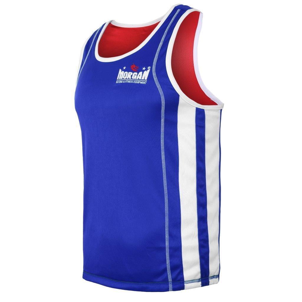 The Fitness Hero reversible boxing singlet by Morgan Sports is the perfect blend of breathable polyester with micro-moisture wicking lining that creates a sleek,  bold,  incredibly super lightweight,  and restriction-free boxing singlet that is guaranteed to perform and impress. 
