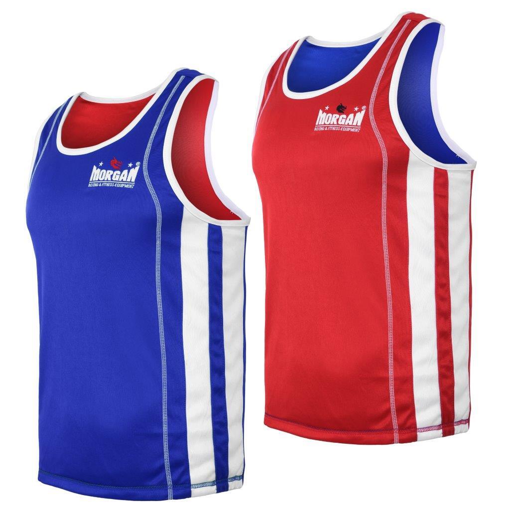 The Fitness Hero reversible boxing singlet by Morgan Sports is the perfect blend of breathable polyester with micro-moisture wicking lining that creates a sleek,  bold,  incredibly super lightweight,  and restriction-free boxing singlet that is guaranteed to perform and impress. 