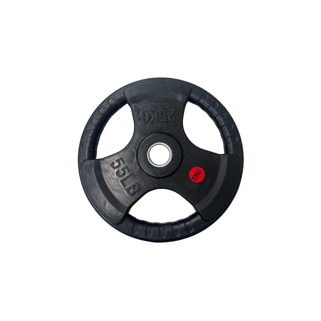 1x 15kg Olympic barbell - 700lb rating 2x 20kg Olympic rubber coated tri grip plate (40kg 2x 10kg Olympic rubber coated tri grip plates (20kg) 6x 5kg Olympic rubber coated tri grip plates (30kg) 4x 2.5kg Olympic rubber coated tricep plates (10kg) 2x Barbell collars