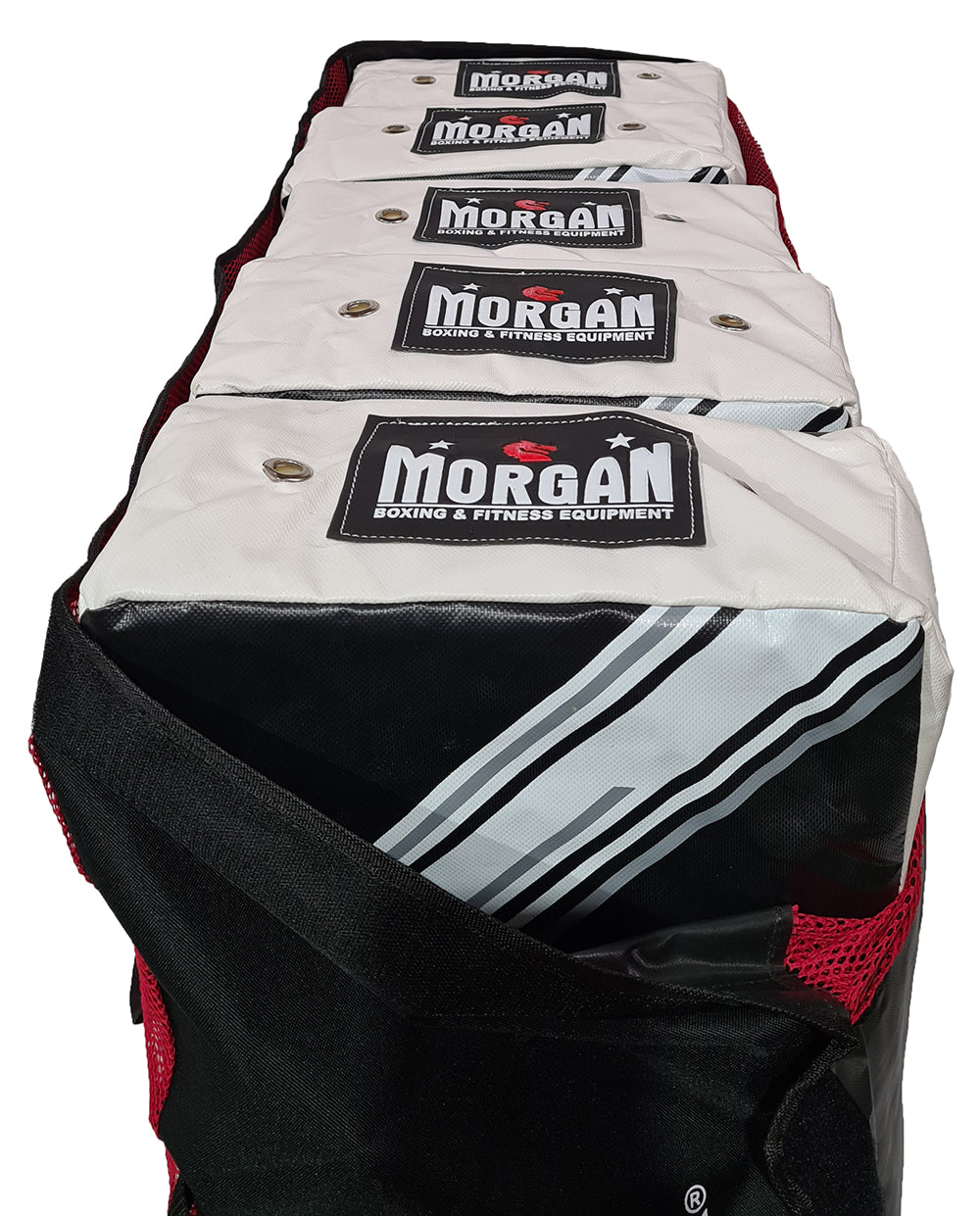 Fitness Hero offers the Morgan Strike Shield Carry Bag
. The extra-large hit shield storage bag is the perfect solution for transporting your strike shields to your martial arts seminar,  boot camp location or rugby league event. It can carry upto 7 junior kick pads. Shields not included 